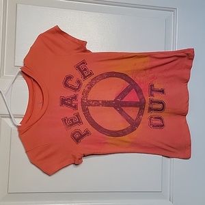 Girls L(14-16) short sleeved, PEACE OUT, coral colored shirt.
